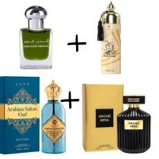 Estiara Arabian Sultan Oud&Fragrance World Orchid Nera&Дезодорант My Perfumes Oud Al Fakhama&Парфюмно Масло Al Haramain